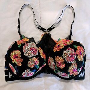 Victoria's Secret PINK Date Push-Up Bra 32D Black Floral Lace Racerback Logo
